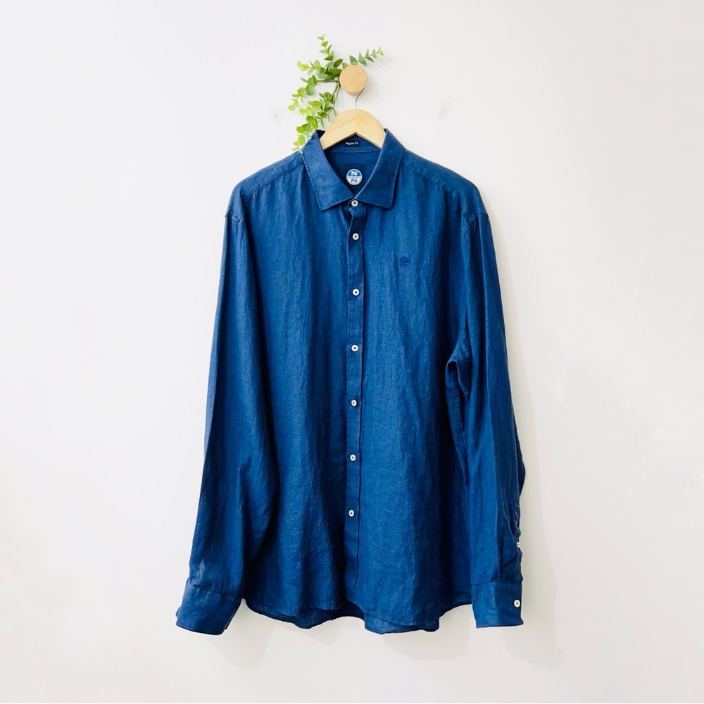 North Sails Dark Blue 100% Linen Button Down Shirt